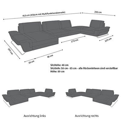 Wohnlandschaft Bari in Leder mit USB-Anschluss Steckdosen Sofa mit Kopfstützen Ledersofa Designersofa U Form Couch (Ottomane Links (auf Sofa blickend), Weiss-Schwarz)