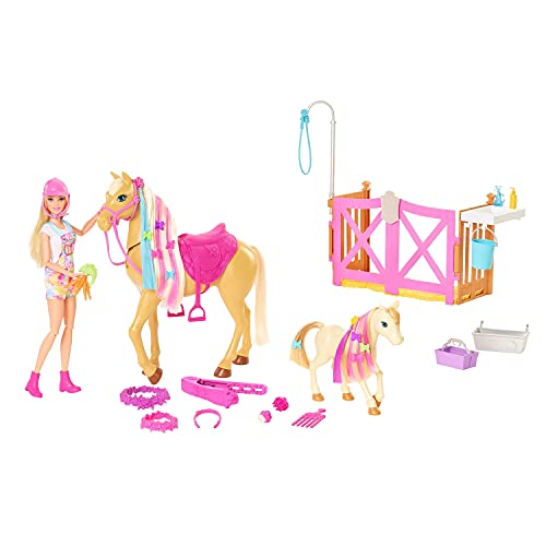 Barbie GXV77 - Frisier- und Reitspaß, Reitset mit Pferd, Pony, Puppe und über 20 Zubehörteilen, für Kinder ab 3 Jahren