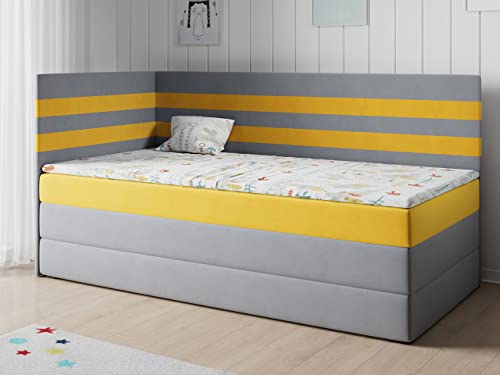 MKS MEBLE Kinderbett Polsterbett Mit Matratze MIKO3 - Jugendbett Mit Stauraum Boxspringbetten für Kinderzimmer, Jugendzimmer - 90x200 Grau und Gelb