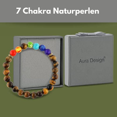 Aura Design 7 Chakra Perlenarmband für Damen und Herren - edle Naturperlen - Yoga Armband - Meditation - Buddha Armband - Stein Armband - Gelbes Tigerauge - [19,5 cm Umfang] & [8 mm Perlen] …