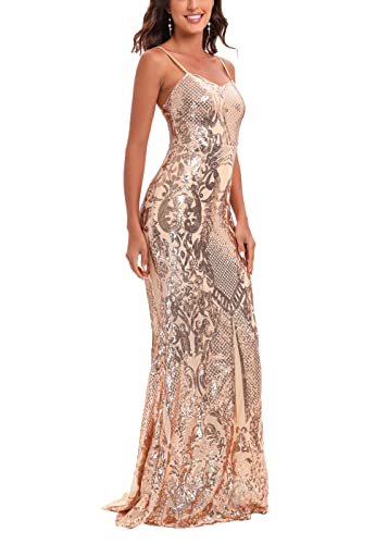 Justchicc Damen Spaghetti-Träger Ärmelloses Blumenspitze Pailletten Hochzeitsabend Meerjungfrauen Kleid Rgold Small