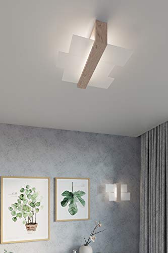 SOLLUX LIGHTING Feniks 2 Deckenleuchte | Stilvolle Kombination aus Holzgehäuse und Glasschirm | Austauschbares E27-Leuchtmittel, 2 x 60 W | Naturholz, 43 x 43 x 12 cm