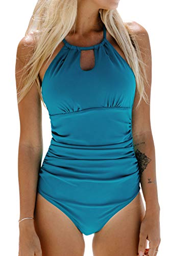 CUPSHE Damen Badeanzug mit Zierausschnitt Raffung Bauchweg Strandmode High Neck Einteilige Bademode Swimsuit Türkis XXL