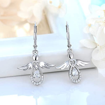 FJ Damen Schutzengel Ohrringe 925 Sterling Silber Engel Hängend Ohrringe Weiß Zirkonia April Geburtsstein Ohrringe Schmuck Geschenke für Frauen Mädchen