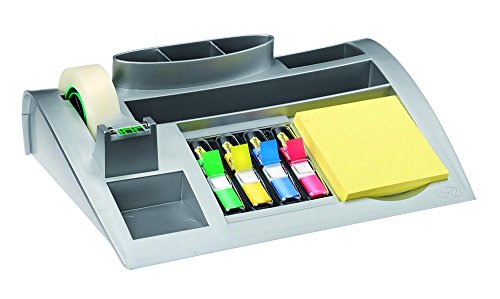 Post-it Tisch-Organizer silber-metallic – Schreibtisch Organizer mit 7 Fächern inkl. Post it Haftnotizen, 4-farbigen Post-it Index Haftstreifen & Scotch Klebeband