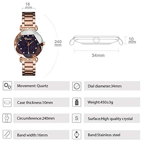 RORIOS Mode Damen Analog Quarzuhr Armbanduhren Edelstahlband Sternenklarer Himmel Simulierter Diamant Dial Wasserdichte Armbanduhr