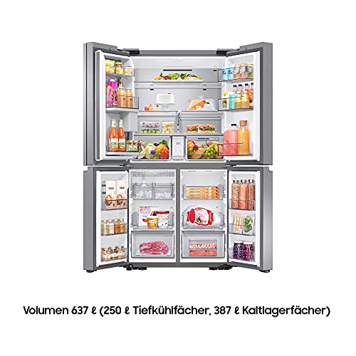 Samsung RF65A977FSR/EF French Door Kühlschrank, 183 cm, 637ℓ, Family Hub, 21,5“ Touchscreen & Lautsprecher, Innenliegendes Beverage Center mit Dual Water Dispenser und Dual Ice Maker, Edelstahl