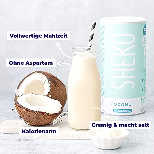 SHEKO Coconut Mahlzeitersatz Shake mit Shaker | 25 cremige Kokos Shakes | Nur 200kcal, Glutenfrei & Natürlich lecker | Diät Shakes zum Abnehmen