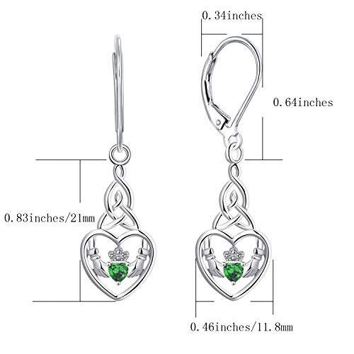 JO WISDOM Damen Hängende Ohrringe Claddagh Herz Silber 925 mit 3A Zirkonia Kristall Mai Geburtsstein Smaragd Farbe,Ohrhänger Keltische Knoten,Schmuck für Frauen