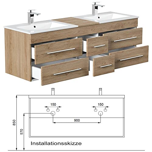 ALIDAM Badezimmerschrank Badezimmer Badmöbelset Eiche Hochschrank Doppel-Waschtisch Keramik Spiegel Badschrank