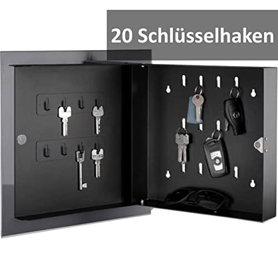 Schlüsselkasten modern mit Glas Magnettafel - Memoboard magnetisch mit 6 Magneten und Stift - Schlüsselschrank groß mit 20 Haken 33x33x6,8cm anthrazit