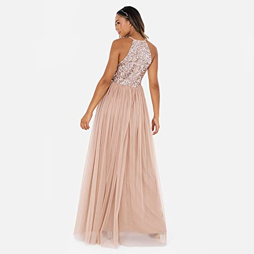 Maya Deluxe Women's Pailletten Cocktailkleid Damen Tüllkleid Kleid Nackenband Abendkleid Elegant für Hochzeit Brautjungfernkleid Bridesmaid Dress, Taupe Blush, EU 46(UK 18)