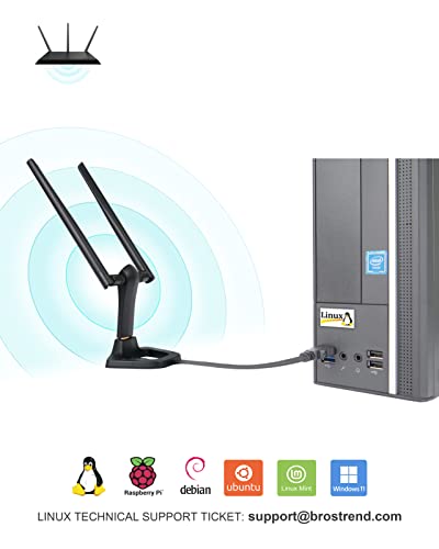 BrosTrend 1200 MBit/s USB WLAN Stick Linux für Ubuntu, Mint, Kali, Debian, Lubuntu, Xubuntu, Mate, Zorin, PureOS, Raspberry Pi 2+, Windows 11, 5GHz+ 2,4GHz, 2 X 5 dBi Wi-Fi-Antennen, USB3.0