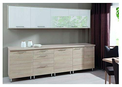 Naka24 NEU Küche 260cm Küchenzeile Costa MDF Weiss Hochglanz/Sonoma Matt