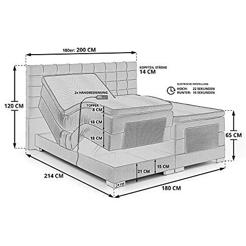 Moebella Dublin Boxspringbett 180x200 mit Matratze, elektrisch verstellbar, 7-Zonen Taschenfederkern, Bett 180x200, Betten, unterschiedliche Größen (Boxspringbett 160x200 mit Matratze, Bett 200x200)