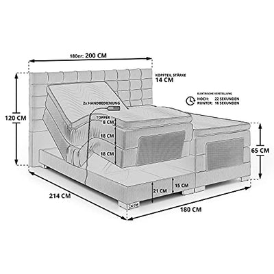 Moebella Dublin Boxspringbett 180x200 mit Matratze, elektrisch verstellbar, 7-Zonen Taschenfederkern, Bett 180x200, Betten, unterschiedliche Größen (Boxspringbett 160x200 mit Matratze, Bett 200x200)