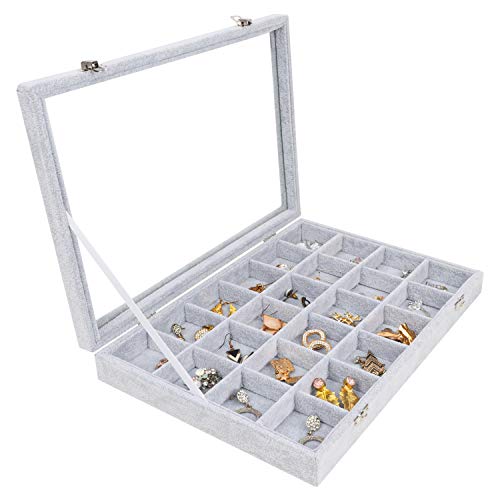 Belle Vous Jewelry Organizer Schmuckkasten Grau, Samt Box Glas Deckel & 24 Fächer – Schmuckaufbewahrung Stapelbar Schmuckschatulle Schubladen Verstellbar für Ringe, Ketten, Armband, Ohrringe, Uhren