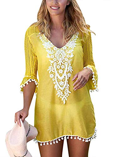 SEBOWEL Damen Strandkleid Strandponcho Sommer Bademode Bikini Cover Up Kurz Strandtunika Strand Hemdkleid Tunika Shirt (L, Gelb)