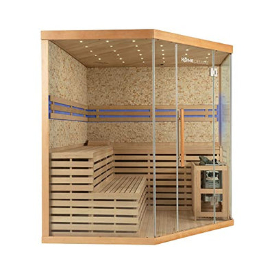 Home Deluxe - Traditionelle Sauna - Skyline XL Big Kunststeinwand - Maße: 200 x 200 x 210 cm, für 2-6 Personen, Hemlocktanne, inkl. Saunazubehör I Dampfsauna Aufgusssauna Finnische Sauna