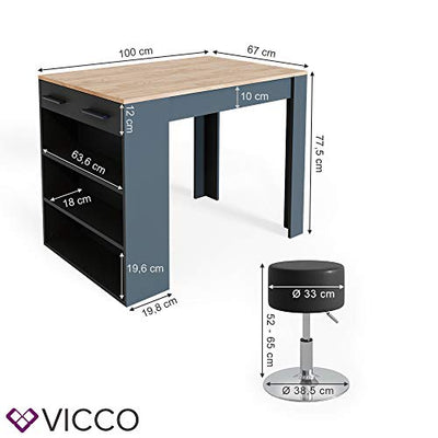 Vicco Bartisch Esstisch Tisch Bistrotisch Essplatz Schublade Regal Bar Weiß wahlweise mit Barhocker (Anthrazit-Goldkraft mit Barhocker)