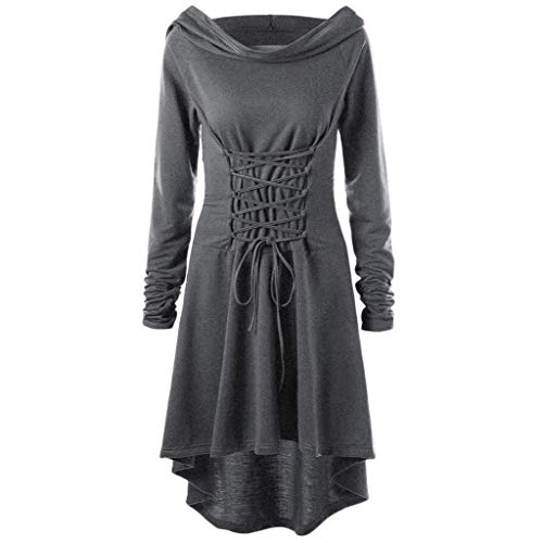 chuangminghangqi Renaissance Kostüm Damen Robe zum Schnüren Mittelalter Kleid mit Kapuze Langarm Retro Gothic Cosplay Halloween Karneval (S, Grau)