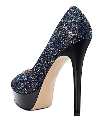 NobleOnly Damen Plattform Peep-Toes Pumps 13CM Stilettos High Heels Schwarz Glitter Schuhe EU38