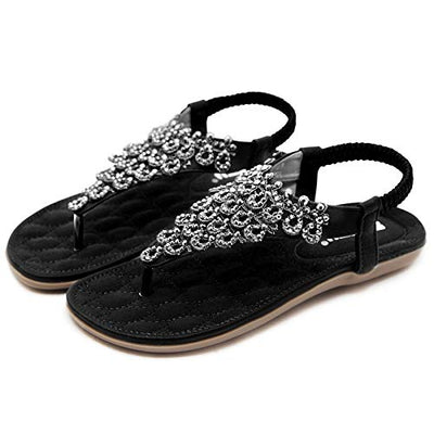 Flach Bohemian Zehentrenner Damen Sommer Sandalen mit Weiche Fußbett Strand Flip Flops Elegant Leder Sandaletten Frauen Outdoor Freizeit Beach Schuhe Schwarz 37 EU = Herstellergröße 38