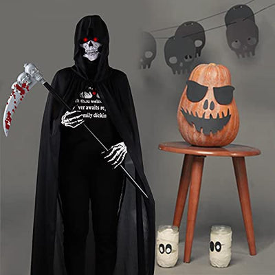 Herefun Sensenmann Kostüm, Halloween Kostüm Sensenmann mit Sense Schädelmaske Kostüme Set für Erwachsene Halloween Dekoration Cosplay Sensenmann Schwarz Umhang mit Kapuze