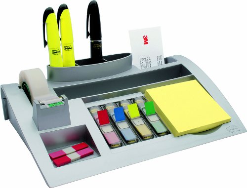 Post-it Tisch-Organizer silber-metallic – Schreibtisch Organizer mit 7 Fächern inkl. Post it Haftnotizen, 4-farbigen Post-it Index Haftstreifen & Scotch Klebeband