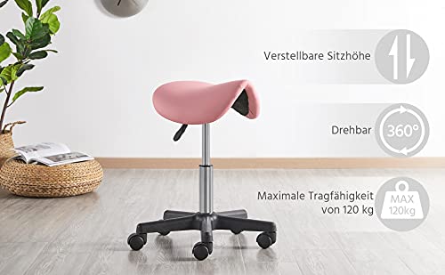 Yaheetech Sattelhocker, Rollhocker, Arbeitshocker mit Rollen Drehhocker höhenverstellbar Sitzhocker Bürohocker für Büro Salon Massage Spa Rosa