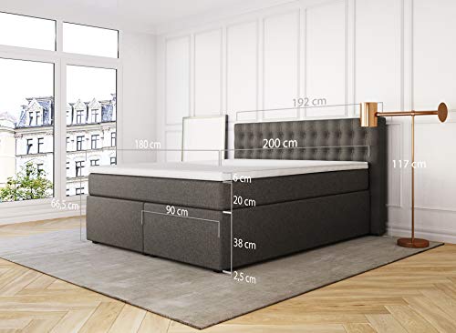 Betten Jumbo King Boxspringbett 180x200 cm mit Bettkasten 7-Zonen TFK Härtegrad H3 und Visco-Topper | Farbe Braun | div. Größen verfügbar