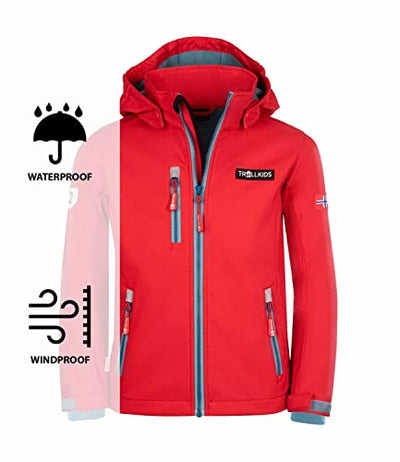 Trollkids Kinder Softshell Jacke Preikestolen, Rot/Delphinblau, Größe 92