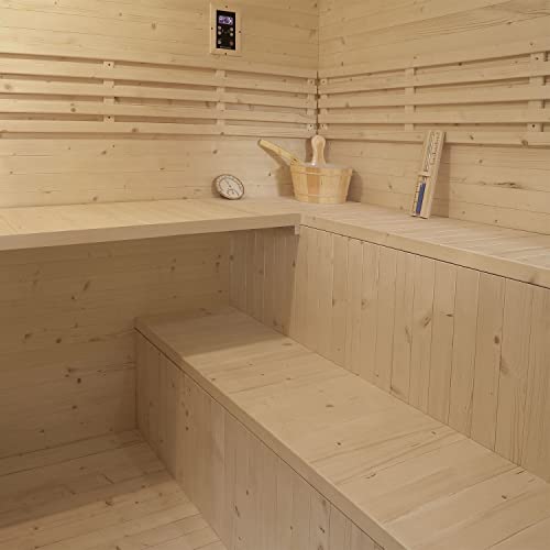 Artsauna Gartensauna Eldur mit 8 kW Ofen, Beleuchtung & Zubehör - Saunahaus aus Fichtenholz - Außensauna für 5 Personen - Outdoor Sauna 200x200x256 cm