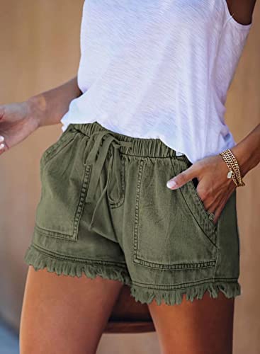 QAKEHU Damen Casual Ripped Denim Shorts Mittlere Taille Kurze Jeanshose mit Taschen NZ-Green L