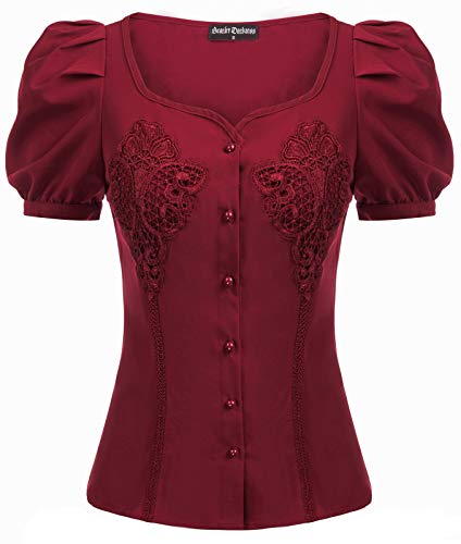 Damen Gothic Steampunk Shirt Puffed Kurzarm Renaissance Schnürbluse für Party Weinrot XL