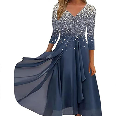 Damen Chiffon Kleider Lässig Mode Patchwork Unregelmäßiger Saum Tunikakleid Blumendruck V-Ausschnitt Lange Ärmel Abendkleider Lange Eleganter Ballkleid Partykleid Midikleid Wickelkleid