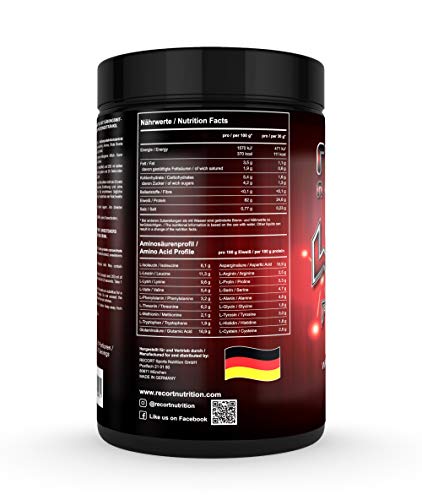 Whey Protein (Erdbeer) mit Shaker, Premium Protein-Shake mit 82% Eiweiß für Muskelaufbau und Abnehmen, Eiweißpulver Made in Germany, Recort Nutrition