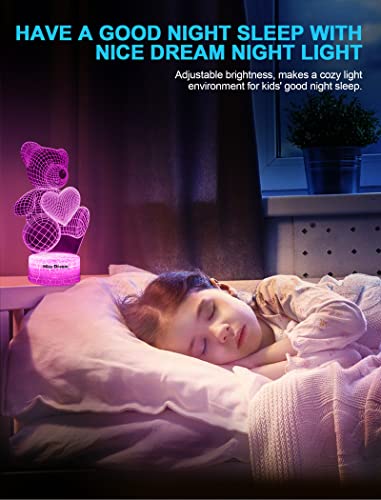 Nice Dream Teddybär Nachtlicht für Kinder, 3D Illusion Lampe Kinderzimmer LED Licht, Fernbedienung 16 Farbwechsel Dimmbar, Weihnachtsgeschenke für Mädchen Junge Wohnzimmer Schlafzimmer Dekor