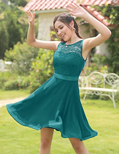 BeryLove Damen Spitzenkleid Brautjungfer Elegant Party Knielang Cocktailkleid Chiffon Ärmellos BLP7005 B-Peacock Green S