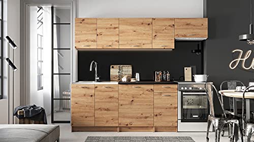 Küche Mela 180/240 cm, Küchenblock/Küchenzeile, Farbauswahl, 7 Schrank-Module frei kombinierbar (Artisan Eiche + Schwarz, mit LED Beleuchtung)