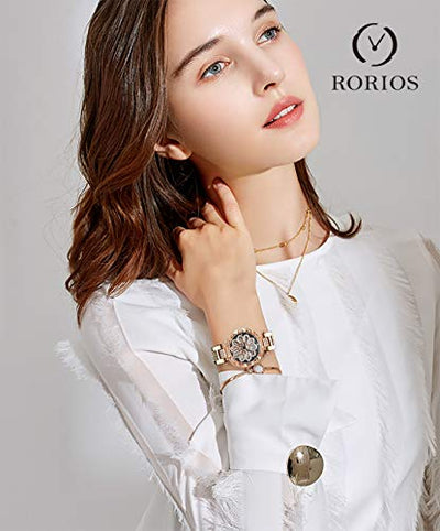 RORIOS Damen Armbanduhren 360°Drehbar Dial Edelstahlband Simulierter Diamant Armbanduhren für Frauen