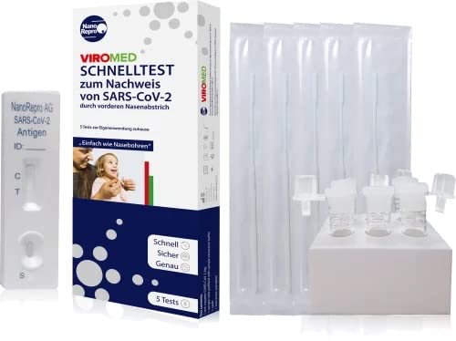 [5 Stück] VIROMED Schnelltest BfArM gelistet AT1155/21 Selbsttest Schnelltest Omikron Spezifität über 99%< Spezifität Sensitivität LoD 30< CE [Made in Germany]