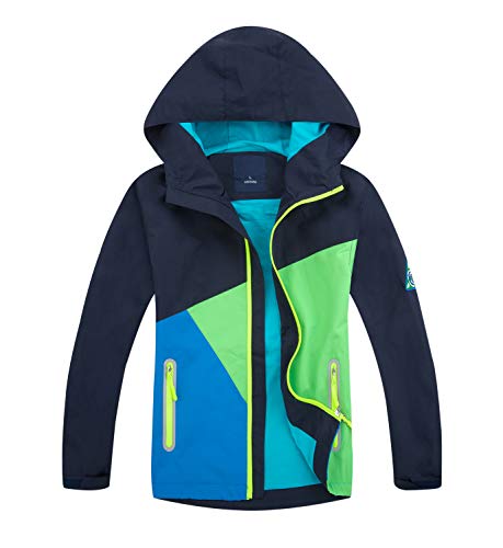 YoungSoul Kinder Regenjacke mit Farbblock Mädchen Jungen Übergangsjacke Outdoorjacke Win und Wasserdicht Windjacke mit Kapuze Marine, 130 (L)