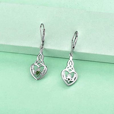 JO WISDOM Damen Hängende Ohrringe Claddagh Herz Silber 925 mit 3A Zirkonia Kristall Mai Geburtsstein Smaragd Farbe,Ohrhänger Keltische Knoten,Schmuck für Frauen