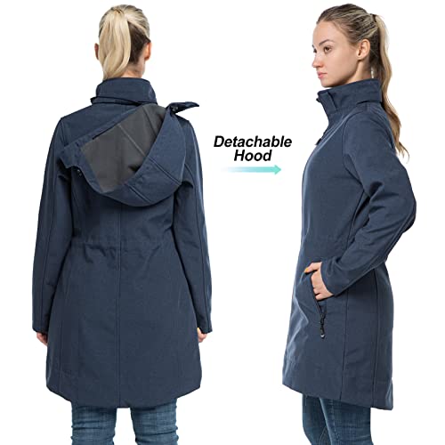 33,000ft Softshelljacke Damen Lange Übergangsjacke Wasserdicht Winddicht Softshellmantel Windbreaker Atmungsaktiv Wanderjacke Outdoor Mantel mit Abnehmbarer Kapuze Dunkel blau 46