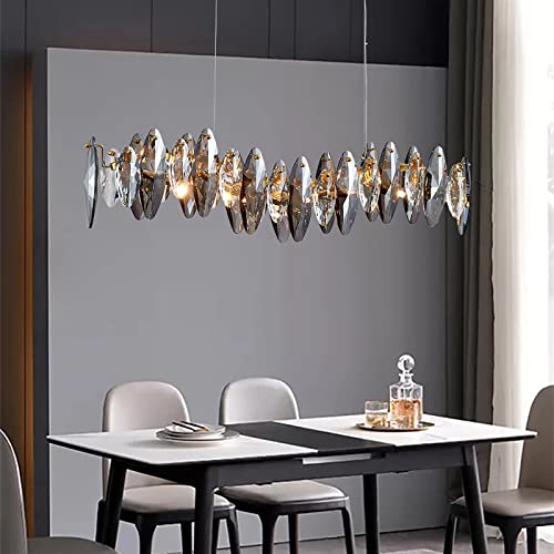 TTNAO Kristall Kronleuchter Luxus Gold Pendelleuchte Schön Grauer Funkelnder Kristall Blätter Modern Pendelleuchten für Kücheninsel Wohnzimmer Esszimmer Schlafzimmer Lampe,6-Flammig(Rectangular)