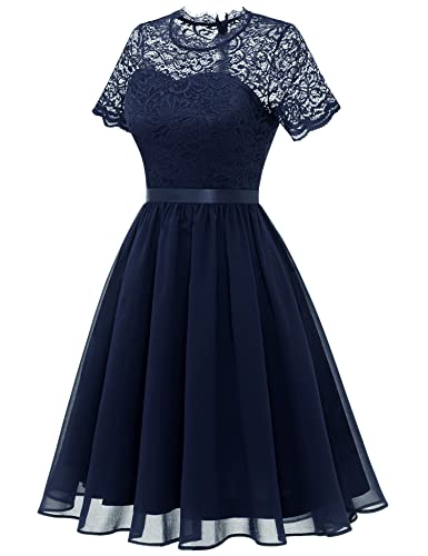 Dressystar Damen Elegant Abendkleider mit Ärmeln Knielang Cocktailkleider Rundausschnitt Partykleid LF22 Marineblau M