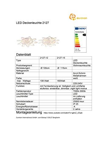 Eurotondisplay 2127-12W LED Deckenleuchte mit Fernbedienung Lichtfarbe/Helligkeit einstellbar Acryl-Schirm weiß lackierte Metallrahmen (2127-12)