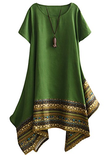 Vogstyle Damen Sommer Kleid Langarm Unregelmäßige Saum Ethnisch Mischfarben Baumwolle Leinen Lang Bluse Shirt, XXL, Grün