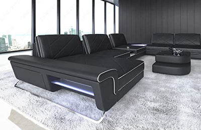 XXL Sofa Wohnlandschaft Ferrara das Ledersofa in U Form mit USB und Beleuchtung inklusive Kopfstützen Couch modern (Ottomane Links, Schwarz-Weiß)